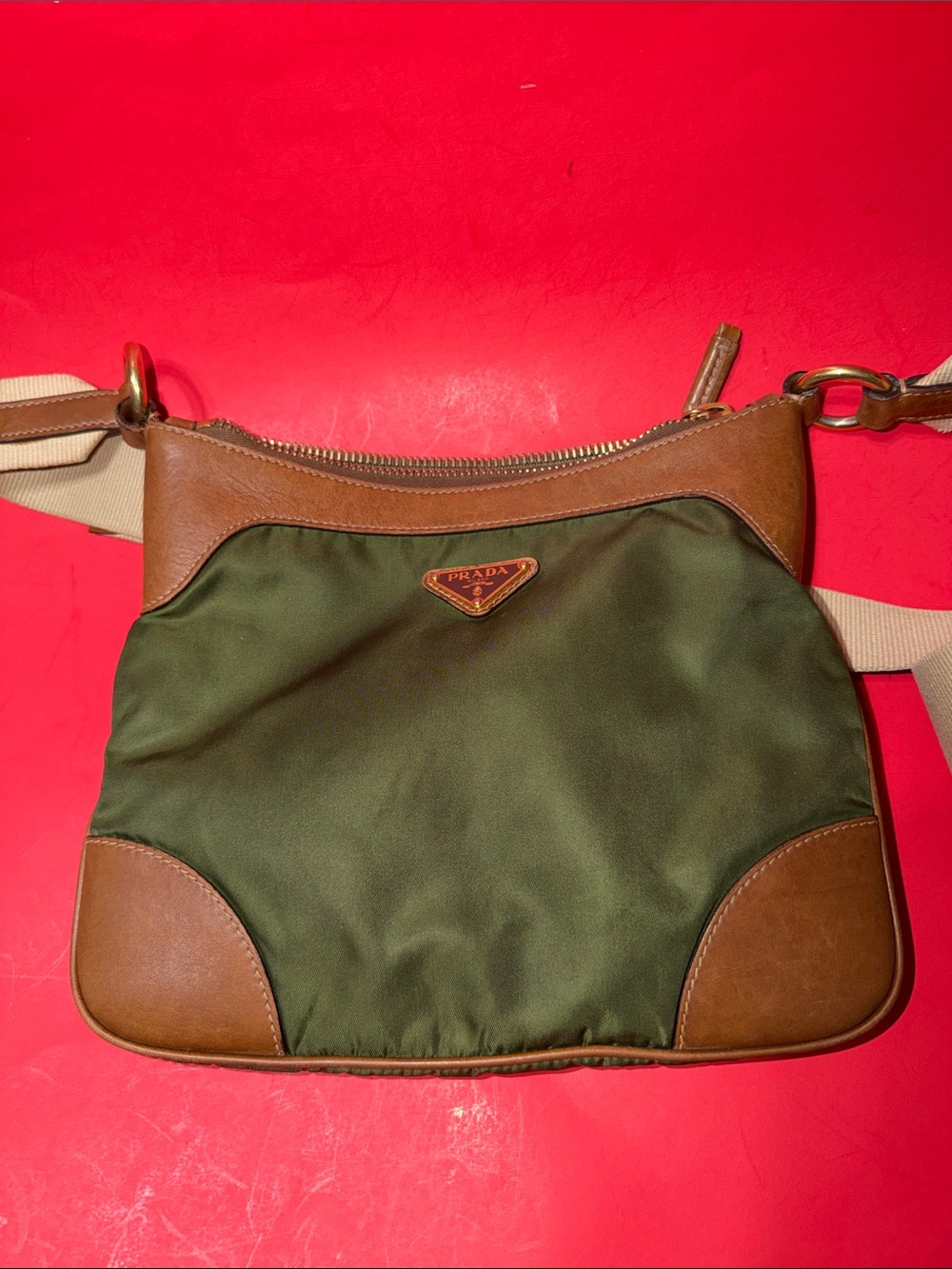 Prada Olive Green Nylon Crossbody with Brown Leather Trim and Beige Strap - Picture 10 of 12